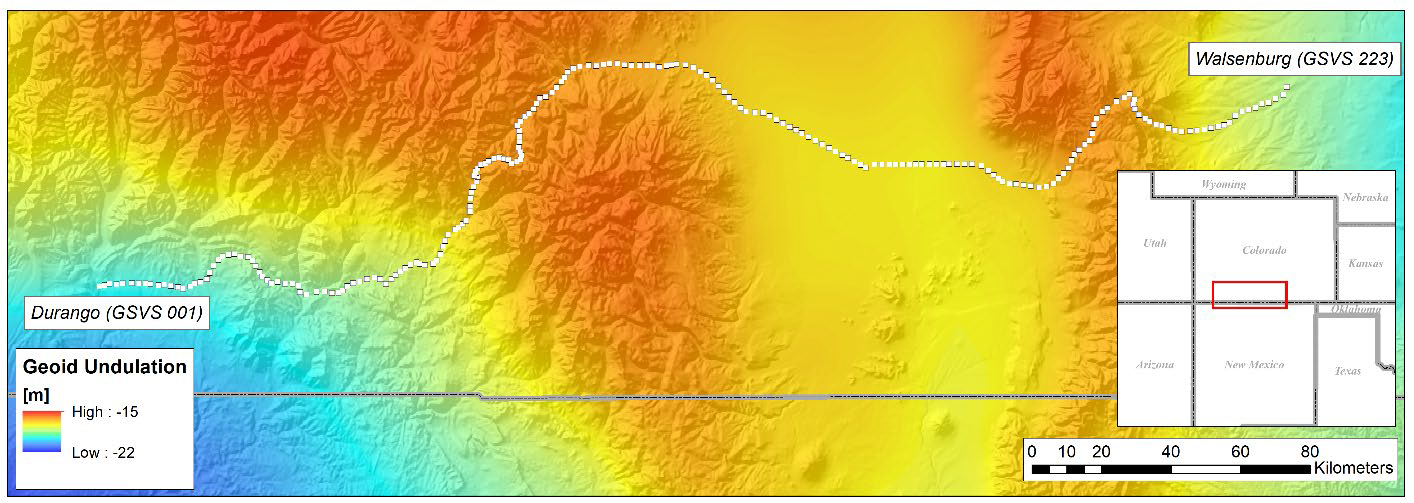Geoid Undulation in meters shown with colors rangin from red to violet.  Red areas are high.